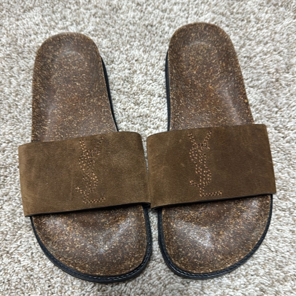 YSL suede embroidered slides, chocolate brown size 40/9.5